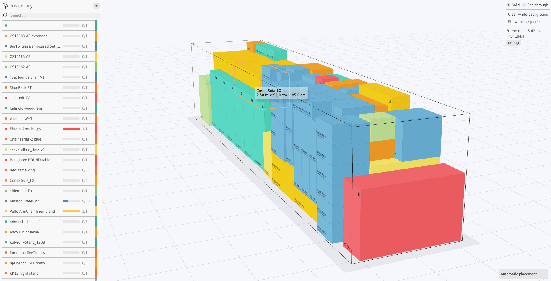 Ready Cargo Packer 3D loading viewport showing a container packed with color-coded boxes